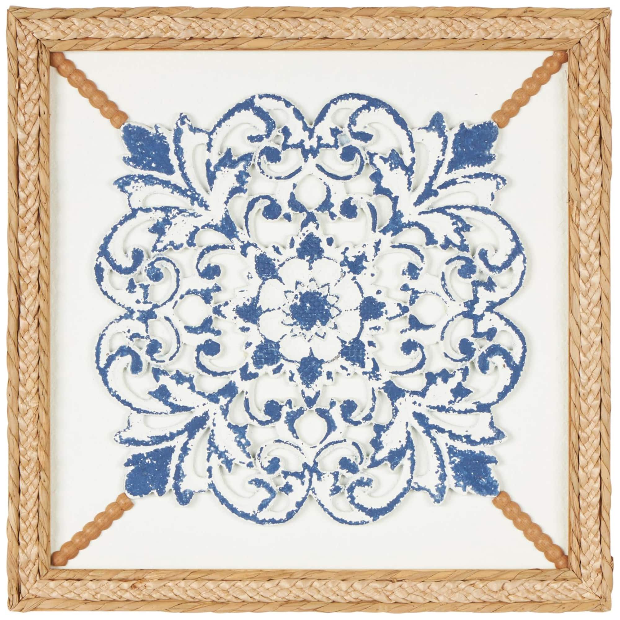 20" x 20" Blue Wood Floral Relief Wall Décor with Brown Woven Seagrass Frame